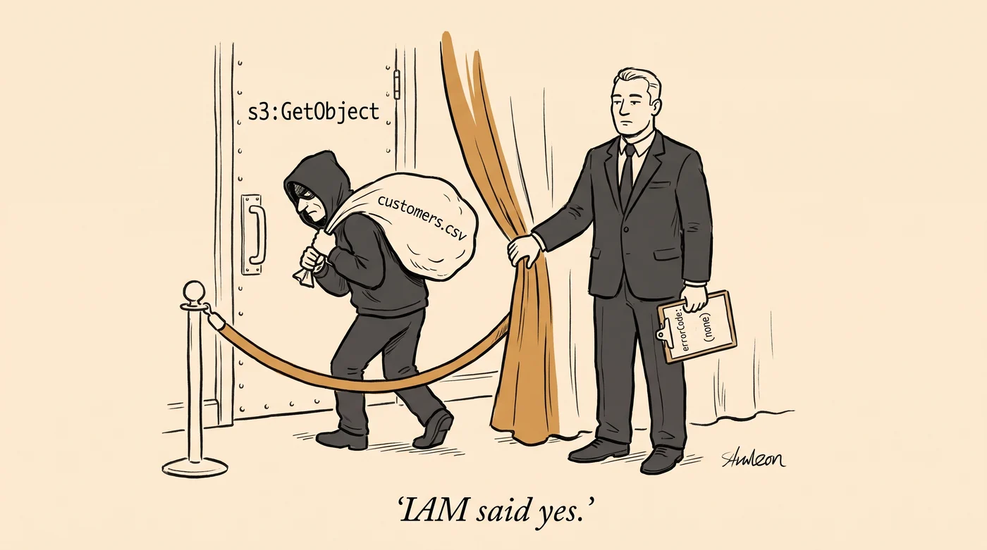 Editorial cartoon: a calm, bored nightclub bouncer holds a velvet rope open and waves a hooded figure carrying a sack labelled customers.csv through a door marked s3:GetObject. The bouncer holds a clipboard reading errorCode: (none). Caption below: IAM said yes.