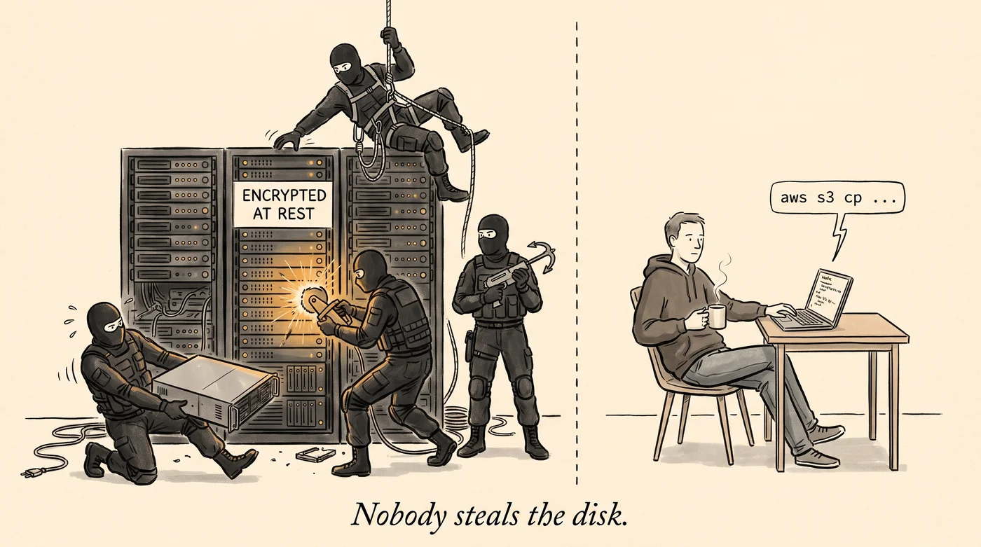 Editorial cartoon: on the left an elaborate heist crew in tactical gear abseils, cuts and hauls a drive from a server rack labelled ENCRYPTED AT REST; on the right a relaxed person in a hoodie with a coffee logs in at a laptop whose speech bubble reads aws s3 cp. Caption: Nobody steals the disk.